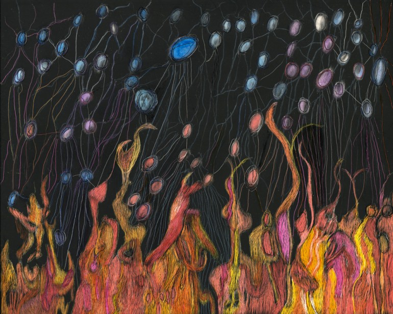 Neurons Playing with Fire. scratchboard and ink, 8 x 10 in, 2016