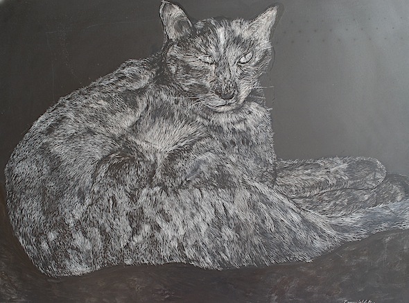 Meohwee, scratchboard, 18"H x 24"W