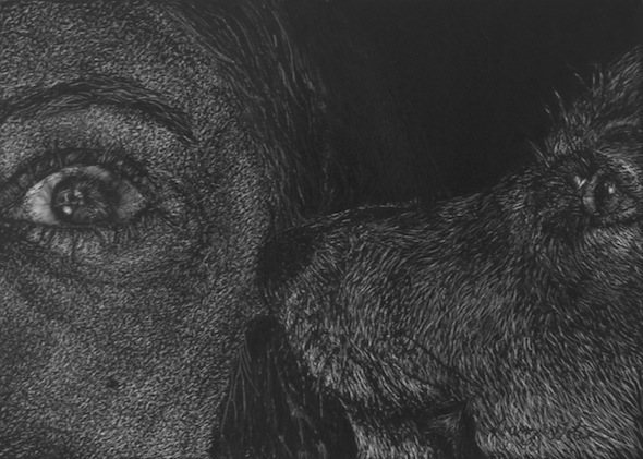Laurie and Mia, scratchboard, 5"H x 7"W