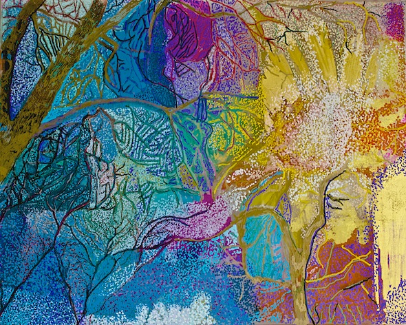 Before the Snow, oil paint pent and gold leaf on glass, 8"H x 10"W, 2014