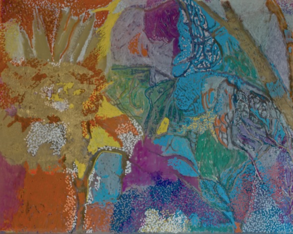 Before the Snow (side 2), oil paint pen and gold leaf on glass, 2014