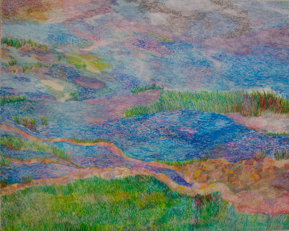 The Way Back, oil paint pen, ink, markers, on clayboard, 18"H x 24"W, 2014