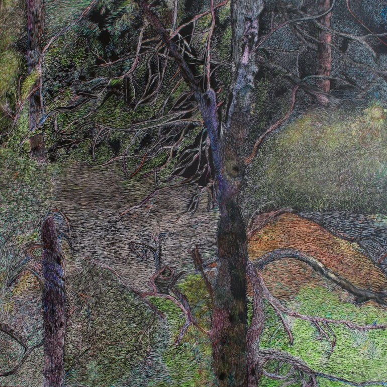 Insomnia, scratchboard and ink, 12" x 12"