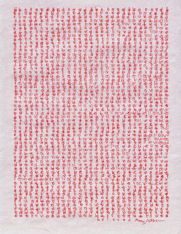 Beloved, red ink on pale  pink parchment paper, 11" x 8.5", 2016