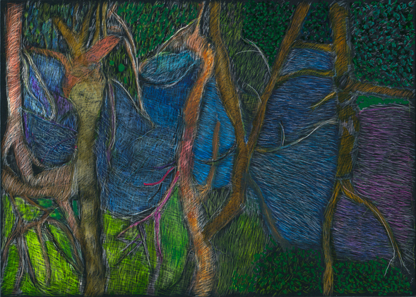 Dancing, scratchboard, oil paint pen, and ink, 5 x 7 in., 2016